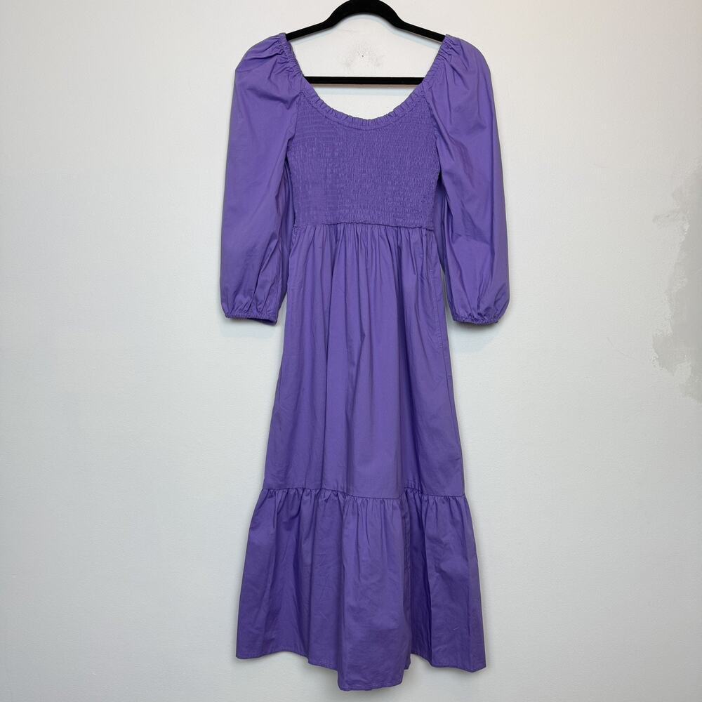 Gap smocked tiered midi dress 100% cotton prairie modest pockets summer XS